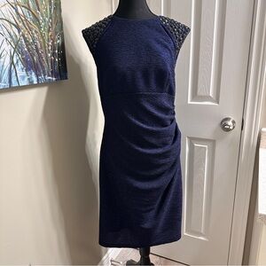 Xscape Midnight Blue Midi Dress with Studded Shoulders